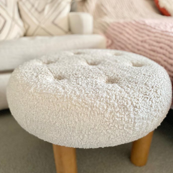 user image by @thesunrisecrew_, Kessler Round Tufted Faux Shearling Ottoman with Wood Legs Cream - Threshold™ designed with Studio McGee