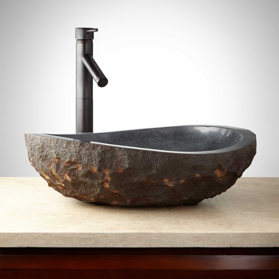 Asymmetrical Granite Vessel Sink With Dark Granite Chiseled Exterior Bathroom Sinks Sinks