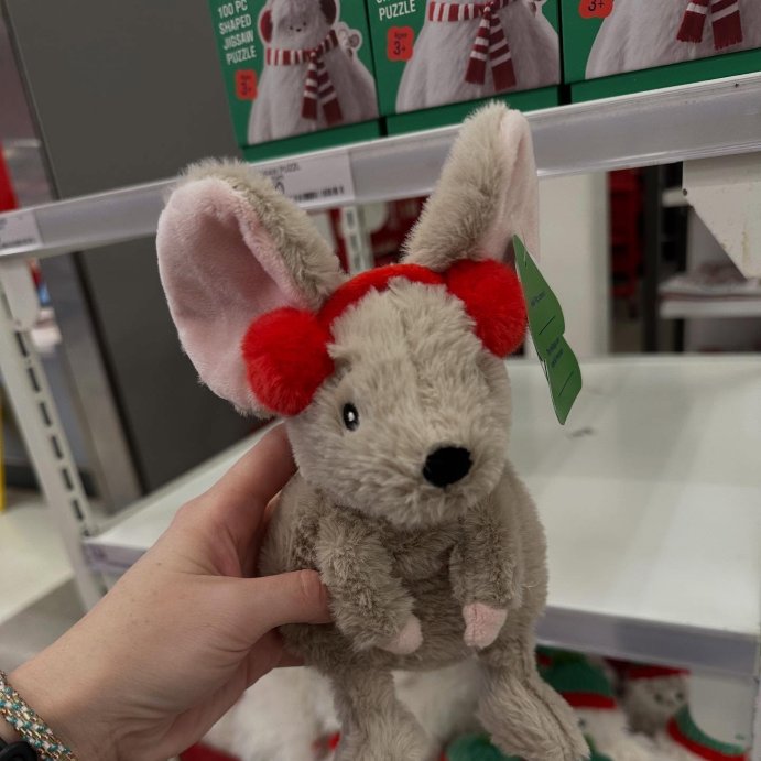 user image by @fabfindswithfallon, 7&#34; Tan Mouse with Red Ear Muffs Stuffed Animal - Gigglescape&#8482;