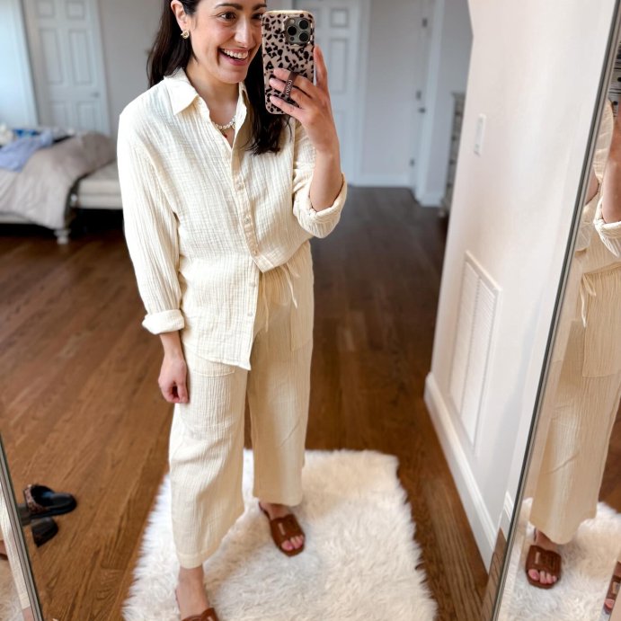 user image by @msnafashion, Women's Gauze Long Sleeve Collared Button-Down Shirt - Universal Thread™