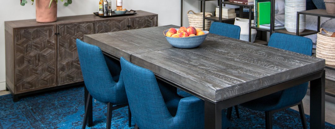 Shop Fallon Ext Dining Table- Ethan Smoke, Vesper Dining Chair -Bond Blue, Ophelia Cabinet -Pine, Classic Rug 108x144 Navy/Black, Corbin Display Shelf -Weathered Elm and more
