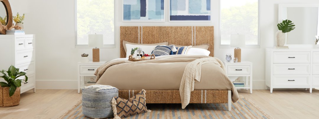 Shop Seaglass Blue Framed Wall Art, Nantucket Light Tone Woven Panel Bed, Nantucket White 1-drawer Nightstand, Nantucket White Drawer Chest and more