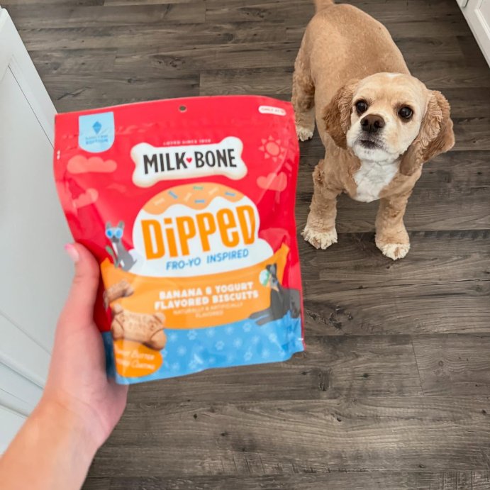 user image by @totally_tucker_, Milk-Bone Dipped Summer Dog Treat Biscuit with Banana &#38; Peanut Butter Flavor - 10oz