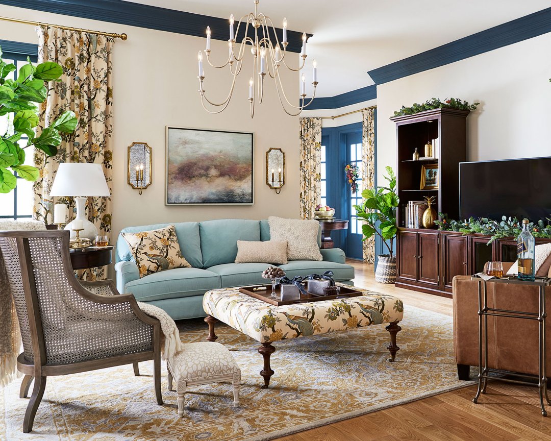 Shop Eton Sofa In Performance Velvet Mist with Walnut Finish - Stocked, Finn Caned Chair - Ballard Designs, Layla Leather Recliner, Tristen Ottoman - Ballard Designs, Tuscan 3-Piece Large Media Group, Casa Florentina Arielle Chandelier, Cora 1-Light Antique Mirror Sconce - Ballard Designs and more