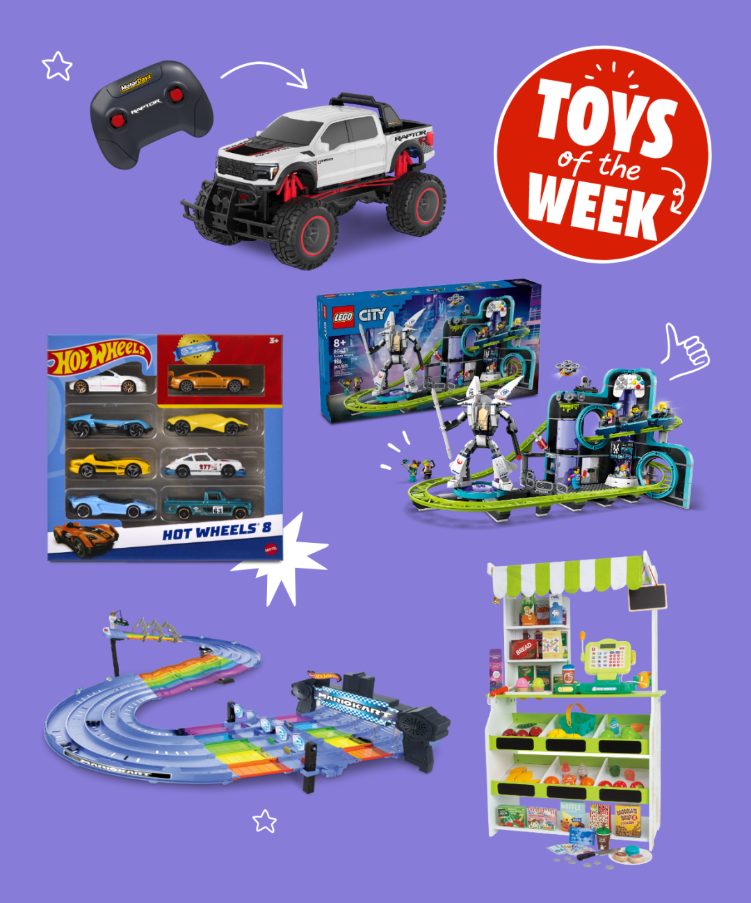 Shop MotorDayz RC Ford Raptor Truck - 1:10 Scale, Hot Wheels Basic Car Pack, 8-pk, LEGO® City Robot World Roller-Coaster Park Building Set - 60421, 986-pcs, Ages 8+, Hot Wheels® Mario Kart Rainbow Track, Age 4+, Just My Style J'adore Grocery Mart and more