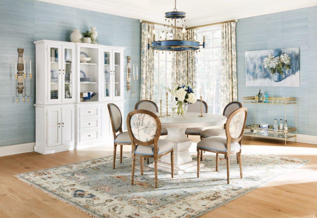 Shop Andrews Pedestal Dining Table - 48", Oval Back Louis XVI Side Chair, Conway Hand Knotted Rug, Maren 6-Light Chandelier, Hydrangea Study Stretched Canvas, Becca Drapery Panel, Thandi Bar - Ballard Designs, Casa Florentina Piave Breakfront, Valletta Candle Sconce, Chinoiserie Champagne Bucket - Ballard Designs, Bamboo Candlesticks and more