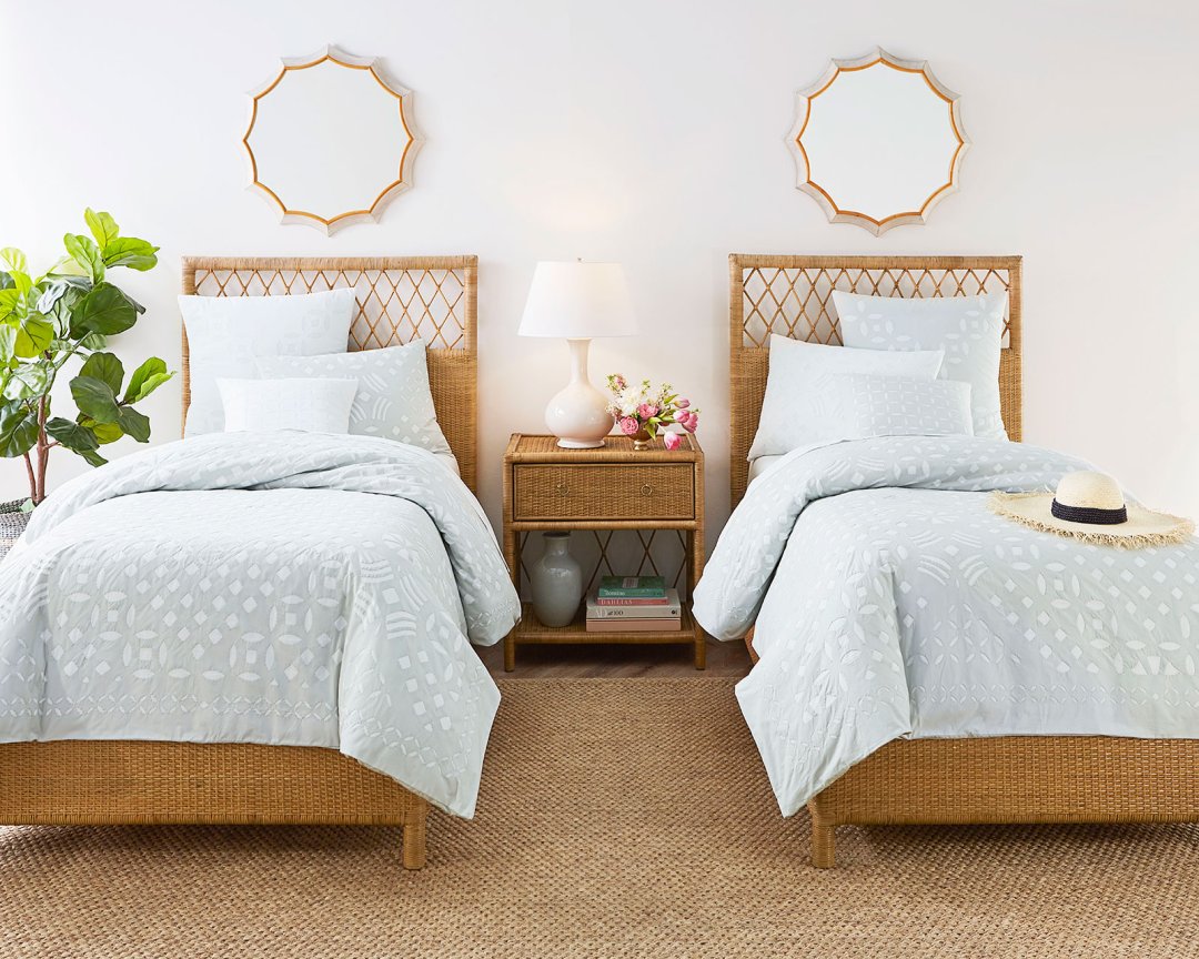 Shop Suzanne Kasler Southport Rattan Bed, Suzanne Kasler Southport Rattan 1-Drawer Nightstand - Ballard Designs, Suzanne Kasler Eyelet Duvet Cover, Suzanne Kasler Eyelet Sham, Suzanne Kasler Eyelet Pillow, Suzanne Kasler Gourd Lamp and more