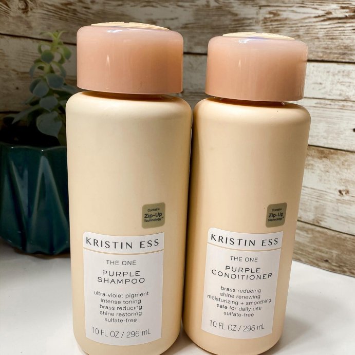 user image by @the_dailymichelle, Kristin Ess Sulfate Free Purple Shampoo, Tones Brassiness for Blonde + Brunette Hair - 10 fl oz