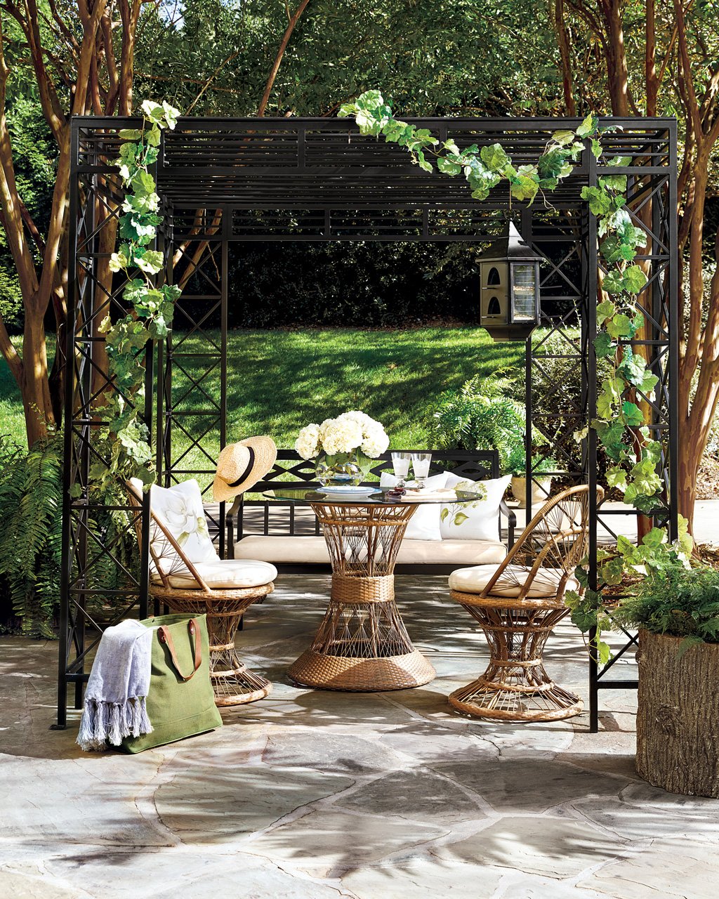 Shop Bunny Williams Deming Gazebo, Willow Dining Table, Willow Dining Chair, Bunny Williams Hollenbeck Garden Bench with Cushion, Bunny Williams Bird Feeder - Ballard Designs, Bunny Williams Woodland Planter, Ballard Jute Tote and more