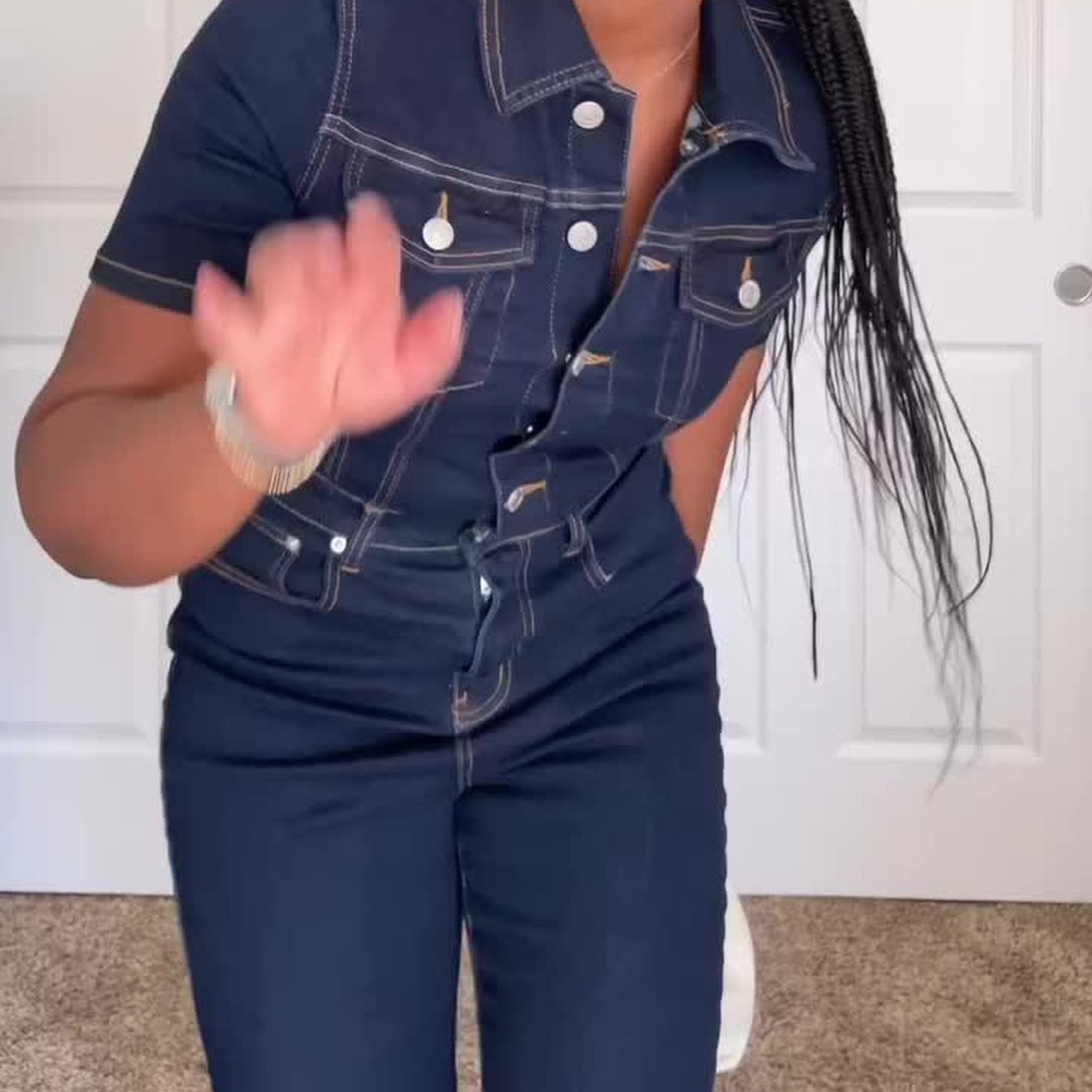 【タグ付き新品】DENIM ALL IN ONE２/FREE size Wholesale Women Short-Sleeved Single-Breasted Denim Jumpsuit
