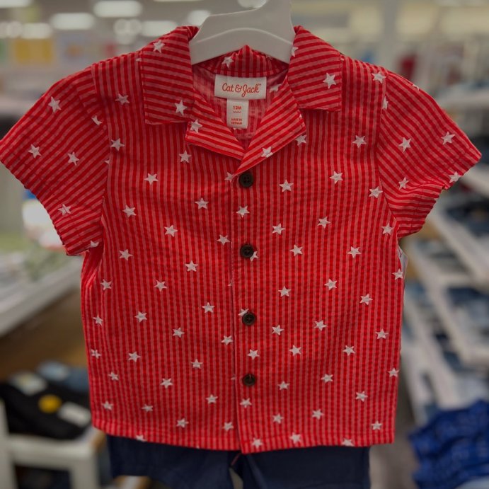 user image by @momlifeandstylefinds, Toddler Boys&#39; 4th Of July Short Sleeve Stars and Striped Button Up and Shorts Set - Cat &#38; Jack&#8482; Red