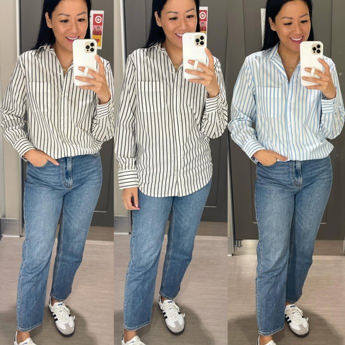 user image by @targetdressedme806, Women's Slim Fit Boyfriend Tailored Long Sleeve Button-Down Shirt - A New Day™