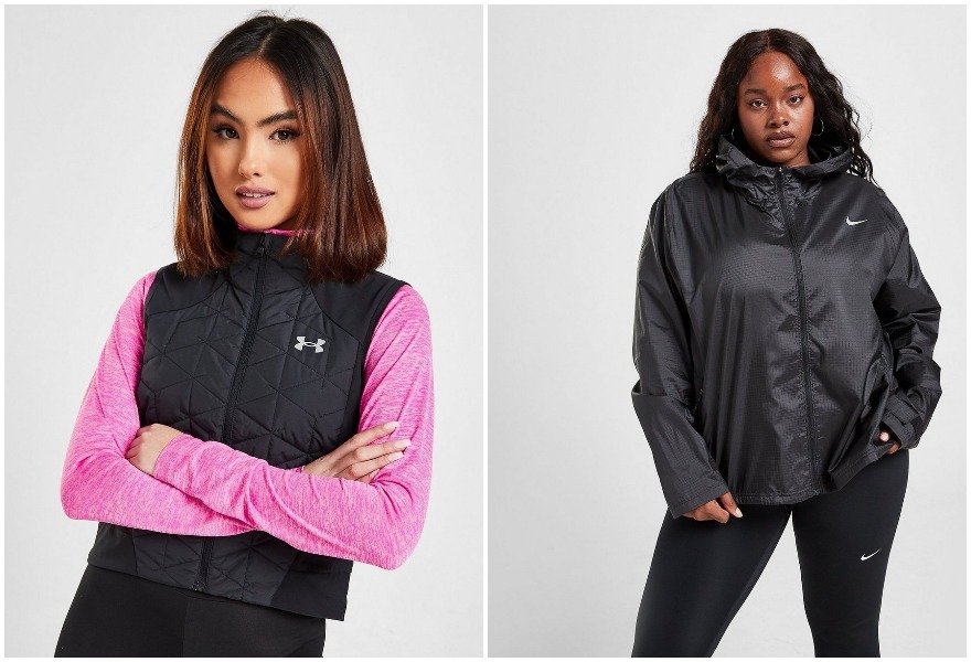 Naisten treenivaatteet ulkotreeniin, Under Armourin musta liivi ja Niken musta takki