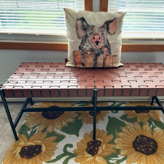 user image by @mattsonfam6, Woven Faux Leather with Metal Base Bench Brown - Threshold&#8482;: Upholstered Rectangular Ottoman, Indoor Seating