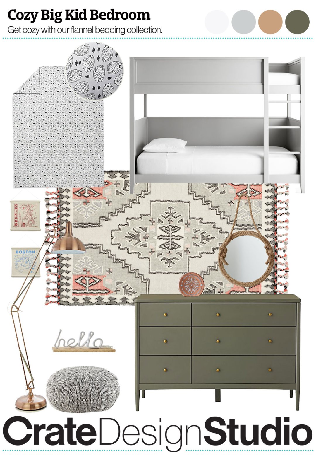 Shop Organic Yeti Flannel Twin Sheet Set, Small Space Kids Twin Bunk Bed, Chicago Wall Hanging, Fringe Medallion 8 x 10' Rug, Boston Wall Hanging, Large Copper Floor Lamp, Rope Framed Mirror, Floral Night Light, Hello Light Up Sign, Kids Hampshire 6-Drawer Olive Green Dresser, Variegated Grey Pouf and more