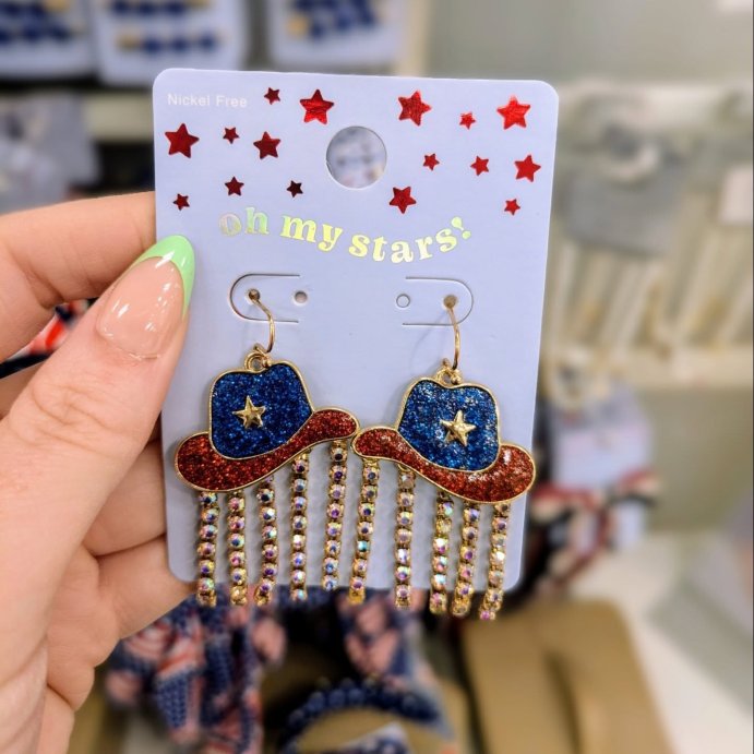 user image by @momshopahaulics, Americana Cowboy Hat with Rhinestone Drop Earrings - Blue/Red