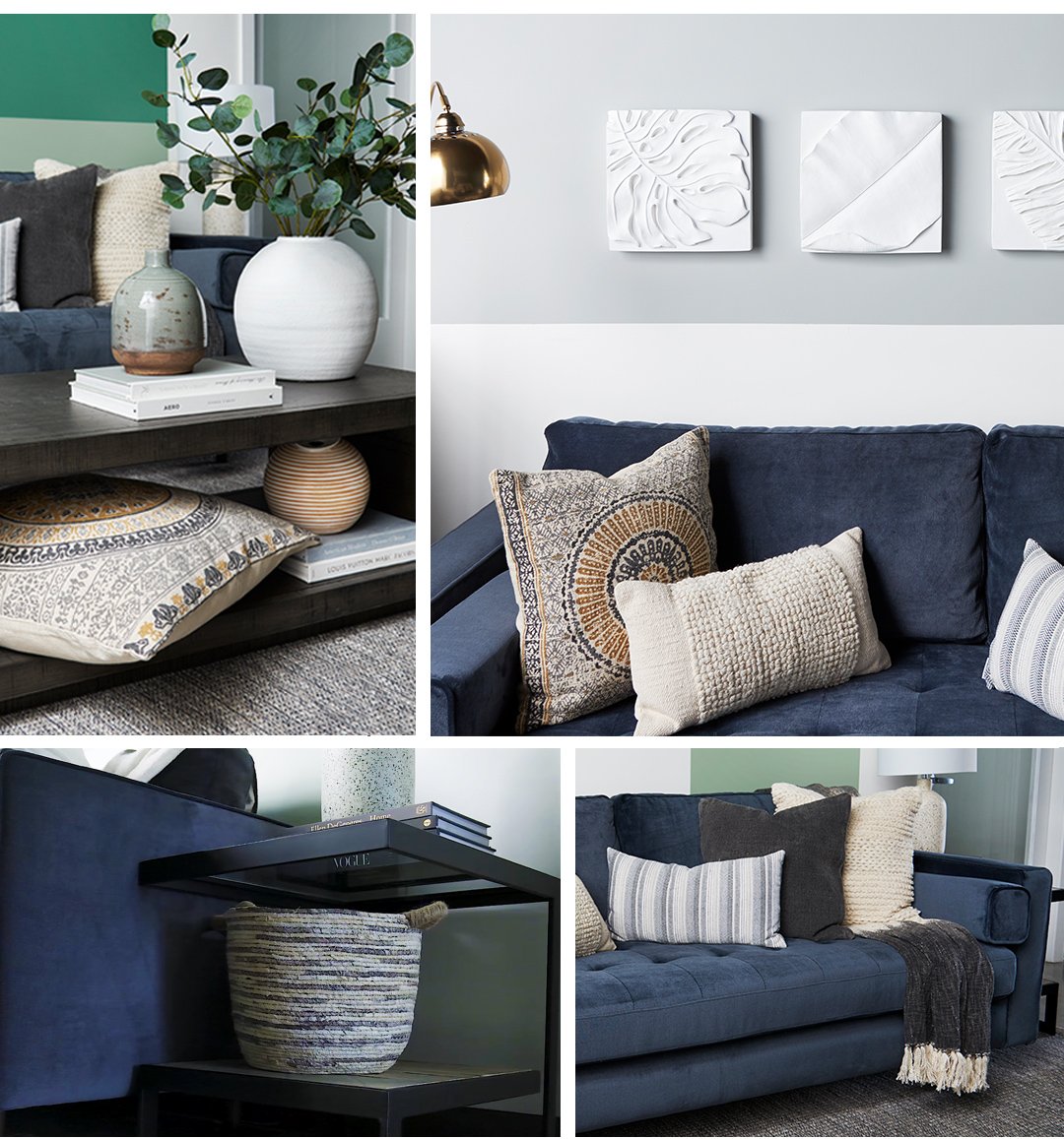 Shop Carreau mural palmier Tropica blanc, Carreau mural feuille Tropica blanc, Canapé Nate -Rylan acier, Coussin Omari 20x20 naturel/champ doré, Coussin Inala 12x22 lait, Petit vase Daleyza blanc, Table basse Grant -grise, Coussin rayé Jovie 12x22 blanc/atlant., Jeté ombré Zamora gris, Table d'appoint Mitchell -Aspen chêne and more