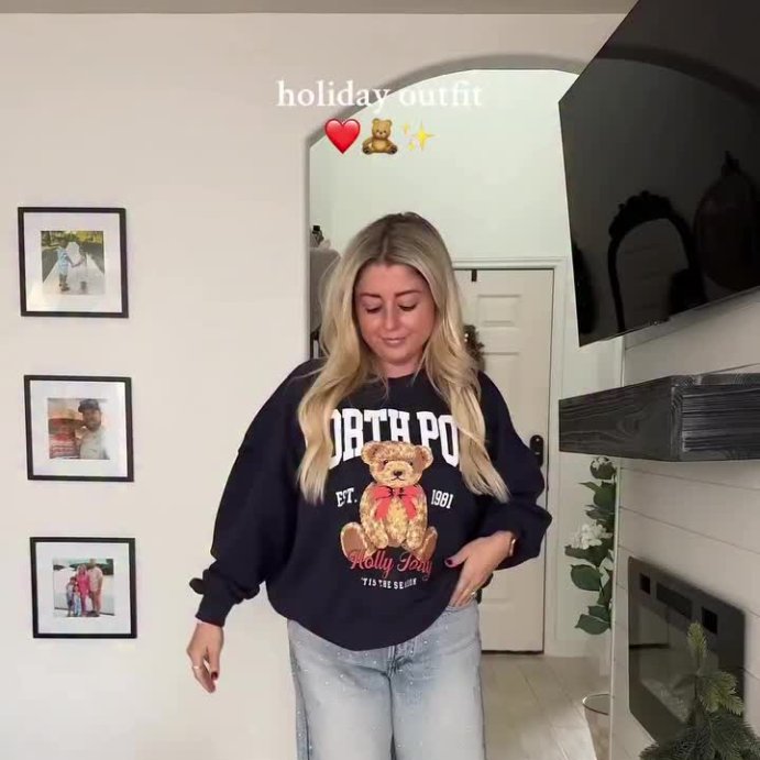 user image by @everyday_tina1, Women's North Pole Teddy Bear Graphic Sweatshirt - Navy Blue