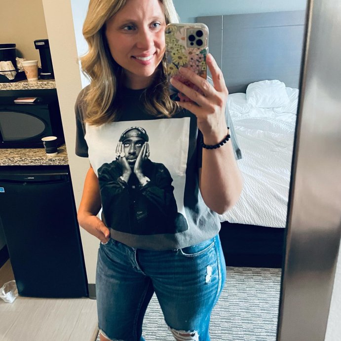 user image by @pinkthoughtsespressoshots, Women's Tupac Short Sleeve Graphic T-Shirt - Black