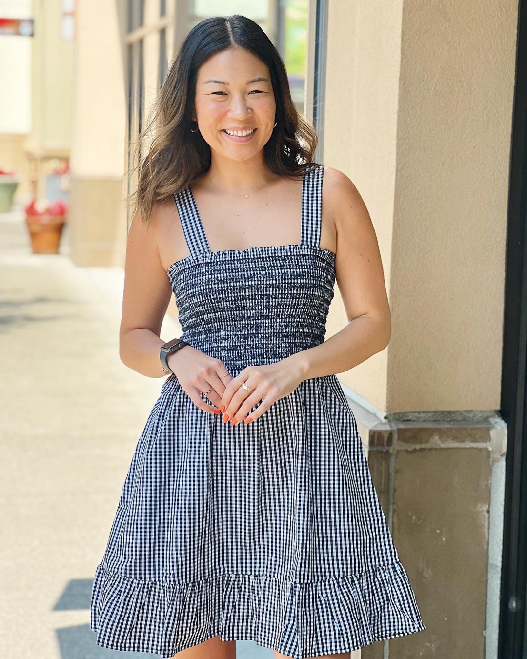 Gingham Smocked Strappy Flounce Dress