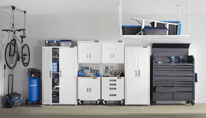 Shop Mastercraft 42" White 2-Door Tall Cabinet with Adjustable Shelves, 42 x 18 x 72-in, Mastercraft 28" White 2-Door Wide-Wall Cabinet with Adjustable Shelves, 28 x 12 x 28-in, Mastercraft 28" White 2-Door Wide-Base Cabinet with Castors & Adjustable Shelves, 28 x 18 x 34.5-in, Mastercraft 28" White Wide-4 Drawer Wooden Top Base Cabinet with Castors, 28 x 18 x 34.5-in, Mastercraft 30" White 2-Door Tall Cabinet with Adjustable Shelves, 30 x 18 x 72-in and more