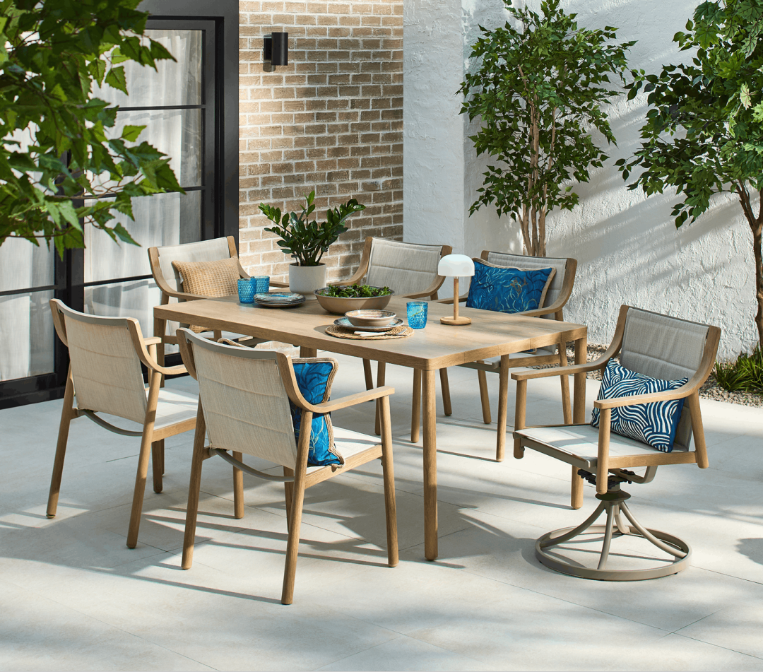 Shop CANVAS Sauble Sling Outdoor Patio Dining Set with Swivel Chairs and Umbrella Hole, Tan, 7-pc, CANVAS Seashore Cushion Cover, Polyester, Blue, Cover Only No Insert, 18 x 18-in, CANVAS Seashore Outdoor Hand Painted Dinner Plates, 1-pc, CANVAS Seashore Outdoor Hand Painted Bowl, Canvas Outdoor Rechargable Bamboo Mushroom Lamp, CANVAS Seashore Lumbar Cushion Cover, 12-in x 20-in, CANVAS Serra Large Wicker Lantern LED Flameless Candle, Plastic and more