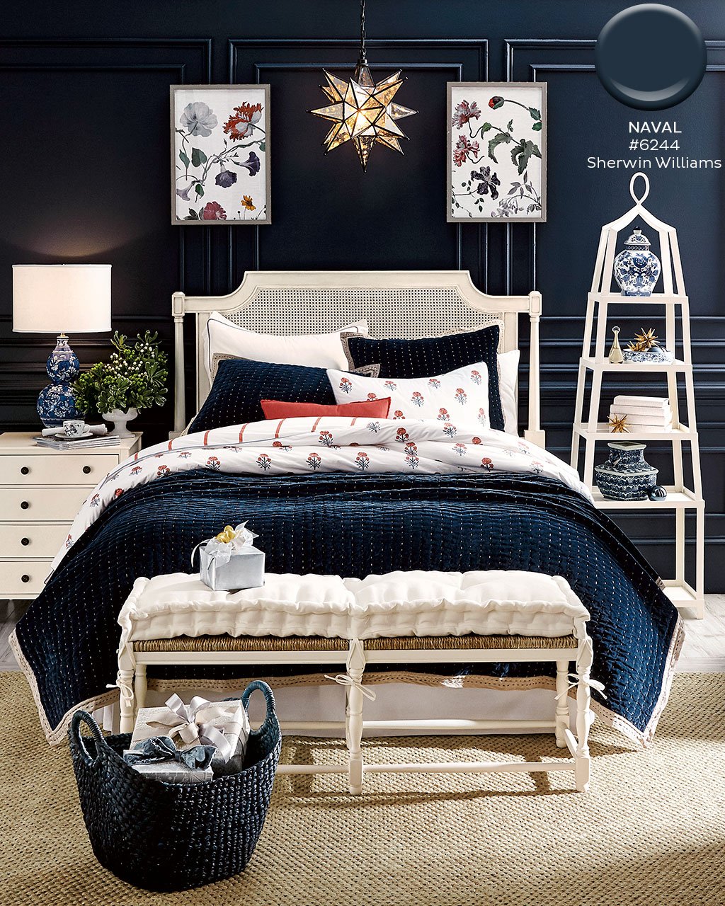 Shop Grand Tour etagere, Villandry Headboard, Sidney 4-Drawer Nightstand, Dorchester 3-Seat Bench, Lucca Velvet Stitched Quilt, Moravian Star Pendant, Anais Floral Duvet Cover, Garden Delight Art and more