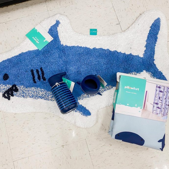 user image by @mydarlingtarget, Shark Kids&#39; Bath Rug - Pillowfort&#8482;: Blue Cotton Tufted Kids Bathroom Mat, 1&#39;8&#34;x3&#39;2&#34;, OEKO-TEX Certified