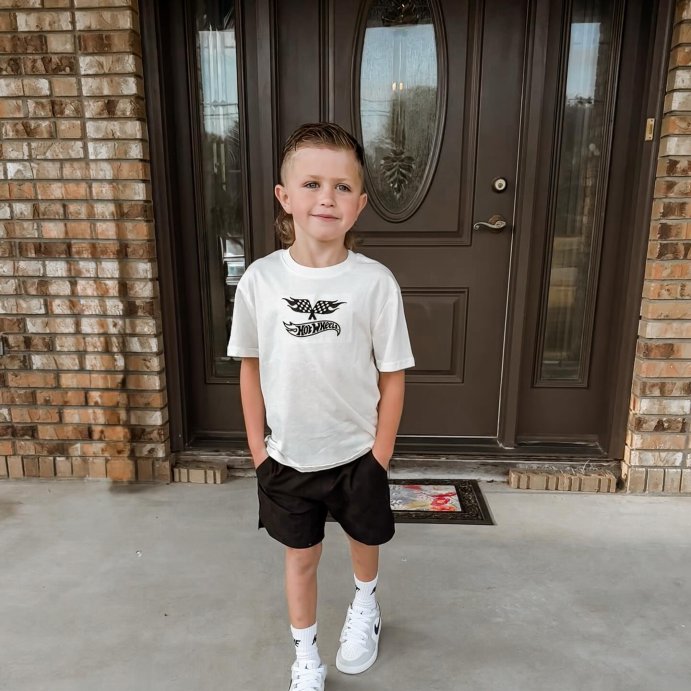 user image by @sadie_jay, Boys' Hot Wheels Embroidered Front and Back Graphic Oversized Short Sleeve T-Shirt - Ivory