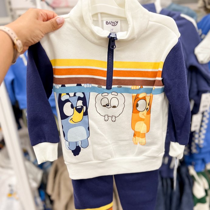 user image by @targetminis, Toddler Boys' 2pc Bluey Bingo Fleece Quarter Zip Pullover and Bottom Set - Navy Blue