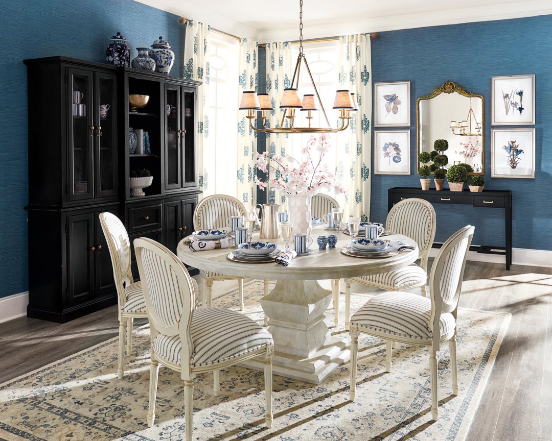 Shop Grasscloth Wallpaper, Casa Florentina Piave Breakfront, Andrews Pedestal Dining Table - 60", Oval Back Louis XVI Side Chair, Brielle Printed Tufted Rug, Cecilia Console, Leigh 6-Light Chandelier with Shades, Beaudry Mirror, Blue & White Chinoiserie Vase Collection, Watercolor Buchoz Art and more