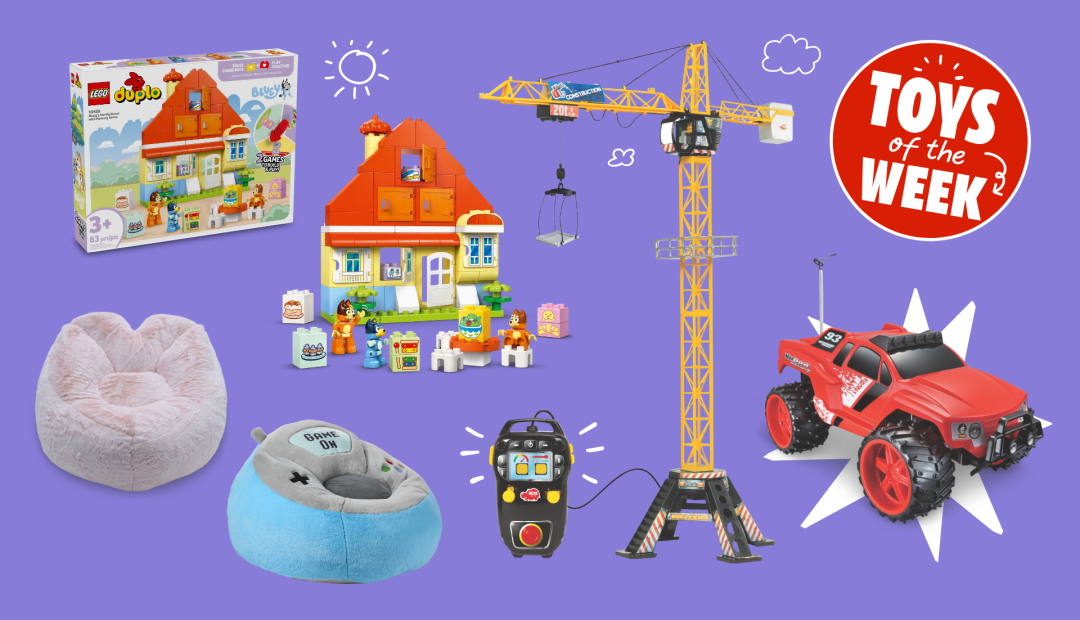 Shop LEGO® Duplo Bluey's Family House with Memory Game - 10459, 83-pcs, Ages 3+, Kids' Plush Pink Heart Chair, Plush Soft Gaming Chair, Dickie Toys Construction Motorized Mega Crane Toy Playset For Kids, 48-In, Ages 3+, Offroad Series 1:16 Scale Remote Controlled Truck Vehicle Toy, Assorted, Ages 8+ and more
