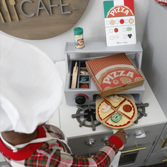user image by @mommymementos, Melissa &#38; Doug Top &#38; Bake Wooden Pizza Counter Play Set with Play Food Preschool Toy - 41pc