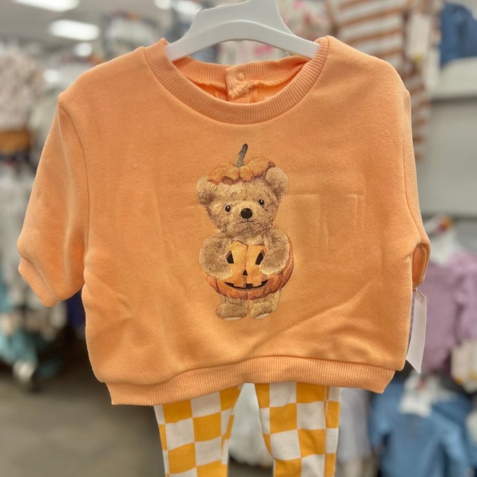 user image by @momlifeandstylefinds, Baby 2pc Teddy Bear Halloween Pumpkin Pullover & Checkered Bottom Set - Orange