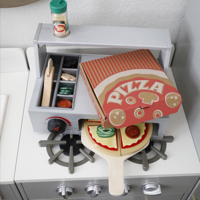 user image by @mommymementos, Melissa &#38; Doug Top &#38; Bake Wooden Pizza Counter Play Set with Play Food Preschool Toy - 41pc