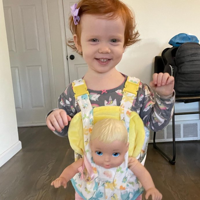 user image by @mama.rana.mom.life, Melissa &#38; Doug Mine to Love Carrier Play Set for Baby Dolls with Toy Bear, Bottle, Rattle, Activity Card