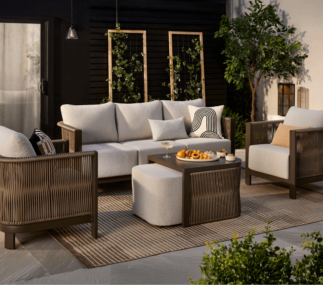 Shop CANVAS Roxboro Rope Outdoor Patio Conversation Set with Deep Seat Cushions, Brown, 5-pc, CANVAS Coupe Glass, CANVAS Boho Retreat Abstract Cushion Cover, Polyester, White, Cover Only No Insert, 18 x 18-in, CANVAS Small Rippled Bowls, 3-pk, CANVAS Jute Lumbar Cushion Cover, 12-in x 20-in, CANVAS Solar Floor Lamp and more