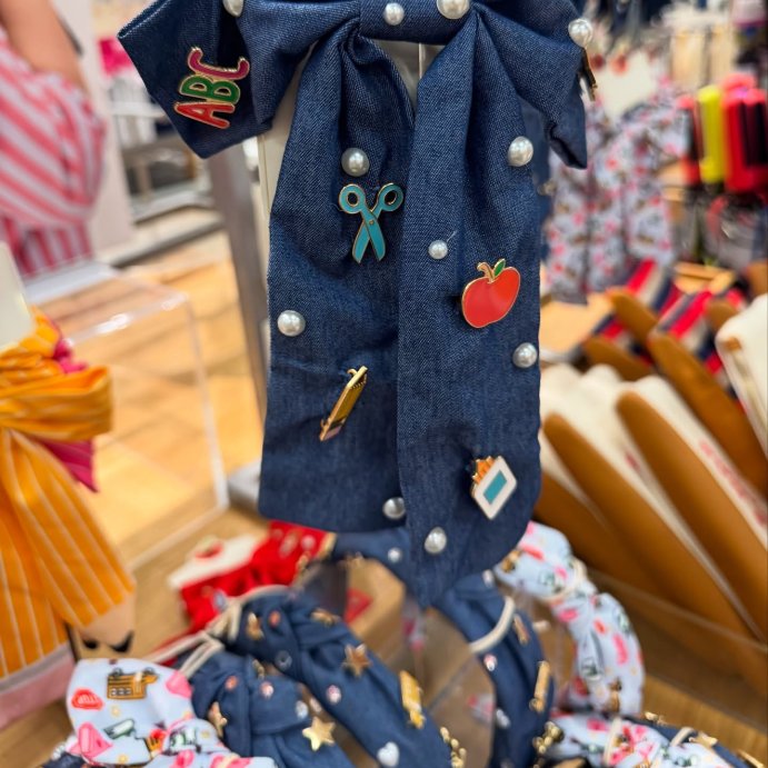 user image by @momanddealfinder, Teacher Icon Apple Pencil Glue Bottle Charm Denim Hair Bow Clip - Multicolor
