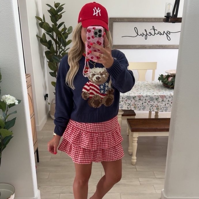user image by @everyday_tina1, Women's Teddy Bear Flag Graphic Sweater - Navy
