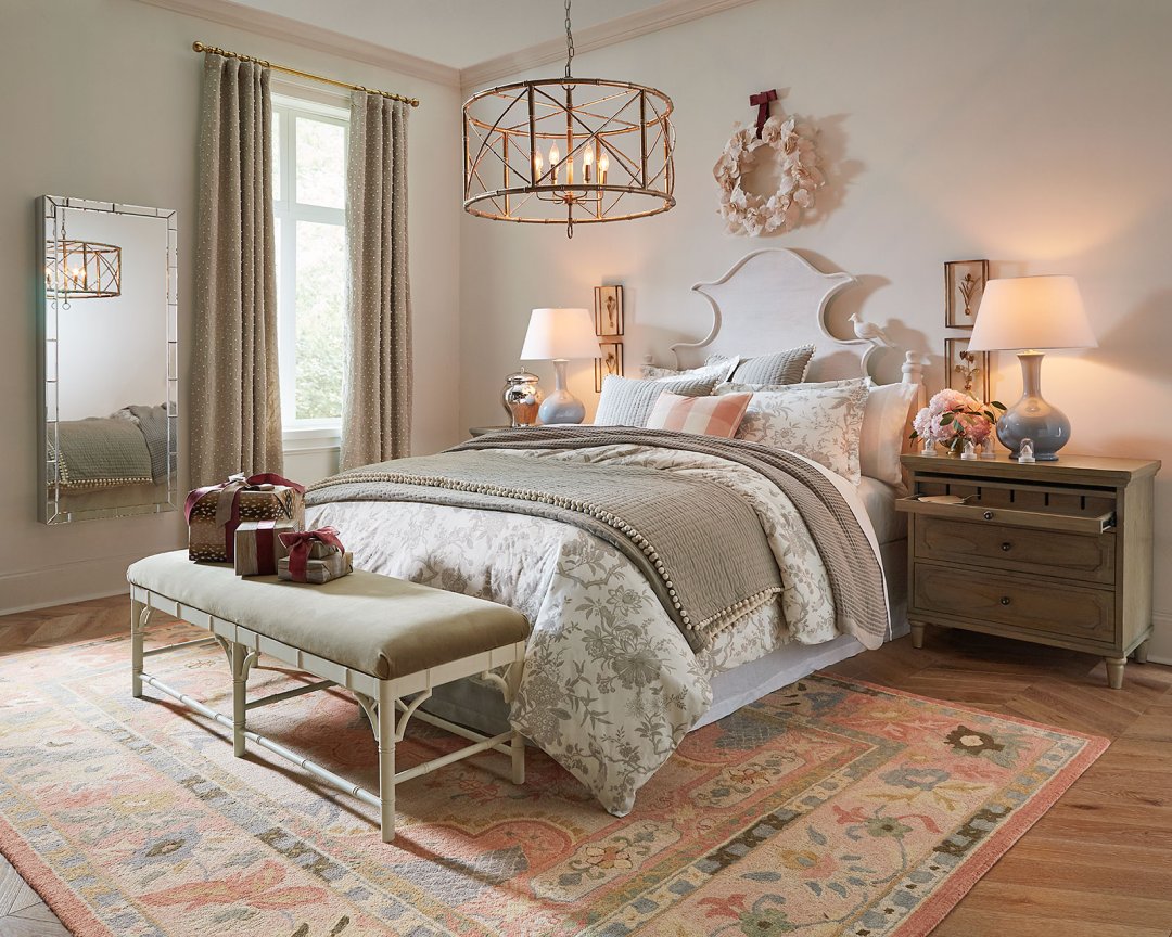 Shop Claudette Headboard, Isabella 2-Drawer Nightstand with Charging Station - Ballard Designs, Dayna Bench, Audree Pom Pom Quilt, Jardin Toile Duvet Cover, Bamboo 6-Light Chandelier, Suzanne Kasler Gourd Lamp, Lewis Hand Hooked Rug and more