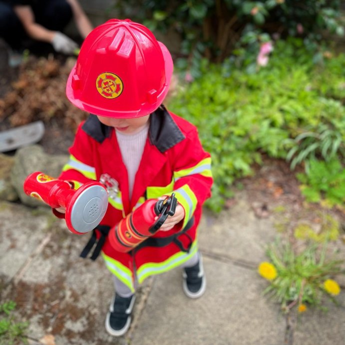 user image by @earlyyears_with_laura, Melissa &#38; Doug Fire Chief Role Play Costume Dress-Up Set (6pc)