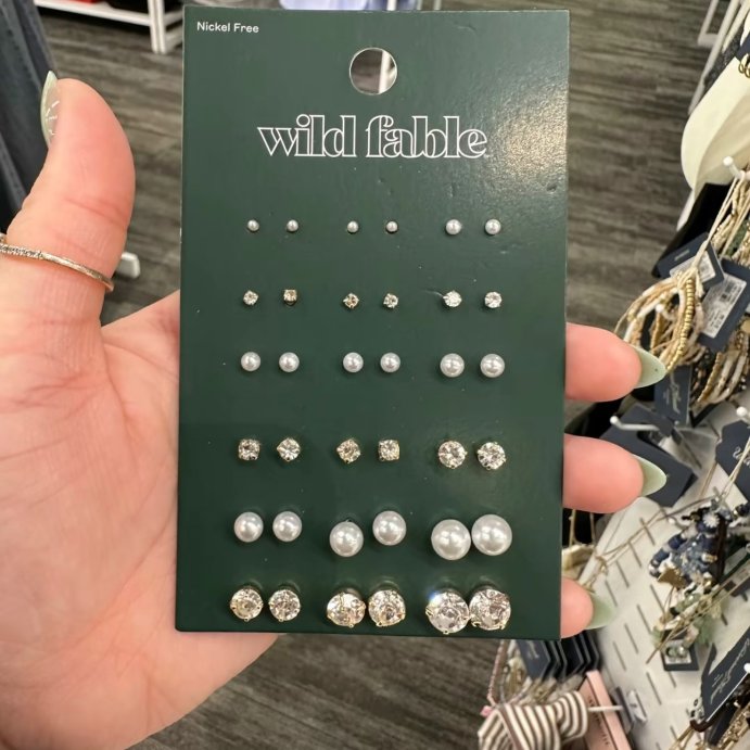 user image by @haulsby.kt, Pearl &#38; Rhinestone Cubic Zirconia Stud Earring Set 18pc - Wild Fable&#8482; White: Brass, Nickel-Free Metal