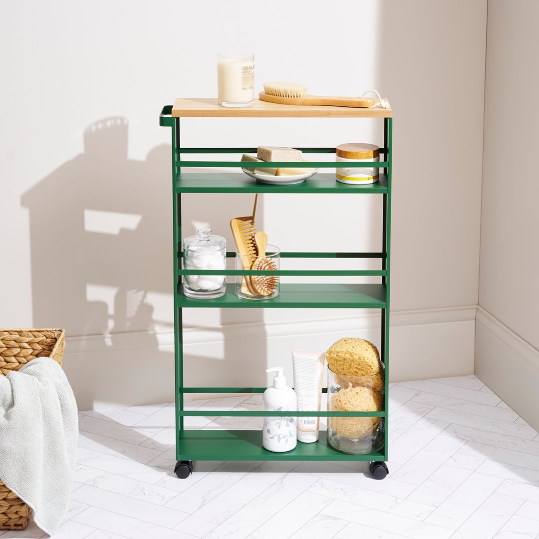 Yamazaki Home and The Strategist Forest Green Slim Storage Cart styled in a modern home