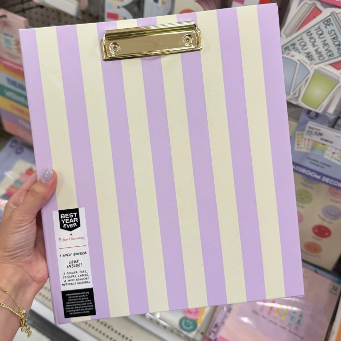 user image by @thattargetgirl_, Best Year Ever 1&#34; 3 Ring Binder Tan/Purple Stripes