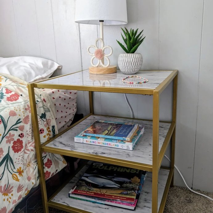 user image by @vandenbosch.home, Faux Marble and Metal Accent Table Gold - Threshold&#8482;: Brushed Gold Frame, 3-Tier Square Display