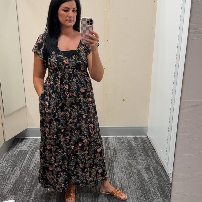 user image by @the.melanie.edit, Women's Flutter Short Sleeve Maxi A-Line Dress - Universal Thread™ Black Floral