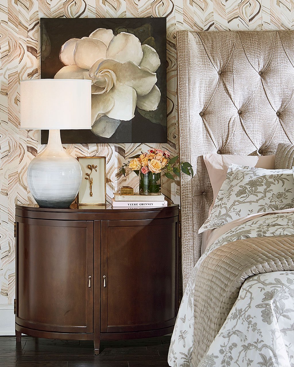 Shop Wynn Demilune Table, Gideon Terra Cotta Table Lamp, Fleur de Tole Gold Wall Decor, Jardin Toile Sham, Mindy Headboard Queen | Ballard Designs, Midnight in the Garden Stretched Canvas and more