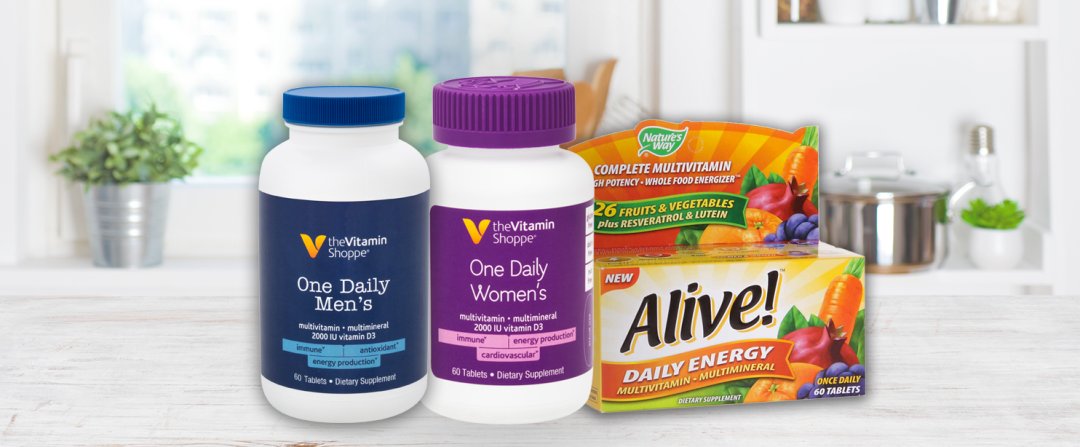 Shop the Vitamin Shoppe One Daily Men's Multivitamin & Multimineral with 2,000 IU Vitamin D3 (60 Tablets), the Vitamin Shoppe One Daily Women's Multivitamin & Multimineral with Vitamin D3 (60 Tablets), Alive! Daily Energy High-Potency Multivitamin and more