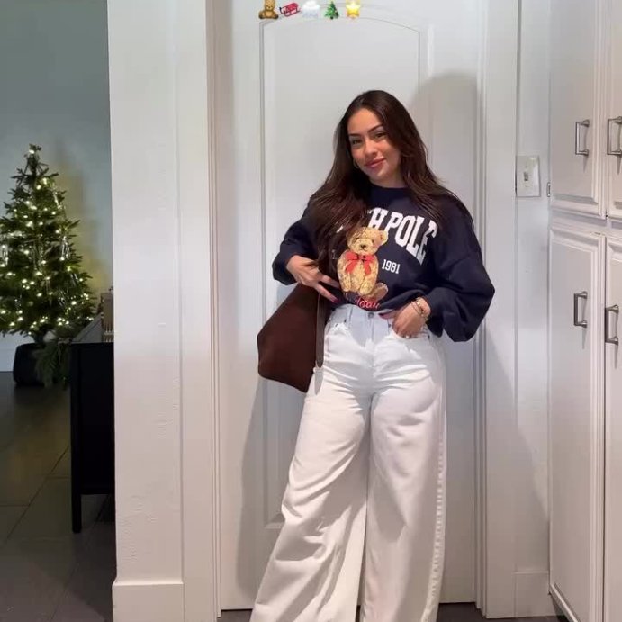 user image by @valerie_luzanilla, Women's North Pole Teddy Bear Graphic Sweatshirt - Navy Blue