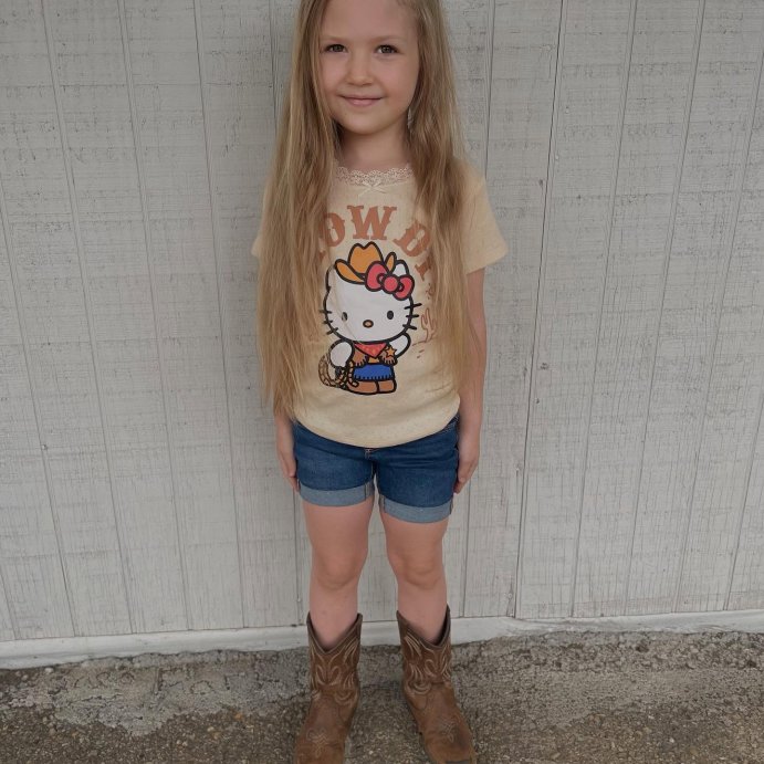 user image by @_theaverafamily_, Girls&#39; Hello Kitty Howdy Pointelle Lace Short Sleeve Top - Brown
